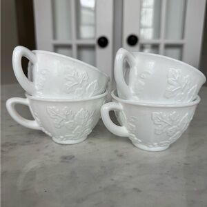 Vintage Indiana Glass Colony Harvest White Milk Glass Teacup and Saucer Set of 4
